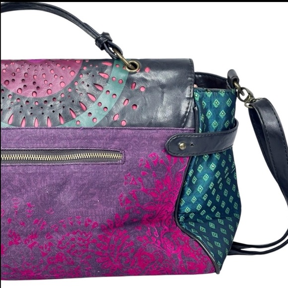 Desigual Colourful Patchwork Pattern & Brown Faux Leather Satchel Messenger Bag - Picture 7 of 15